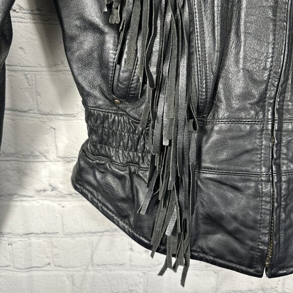 Vintage Wilsons Leather Jacket Womens Medium Black Fringe Western Cropped Biker - Picture 3 of 11